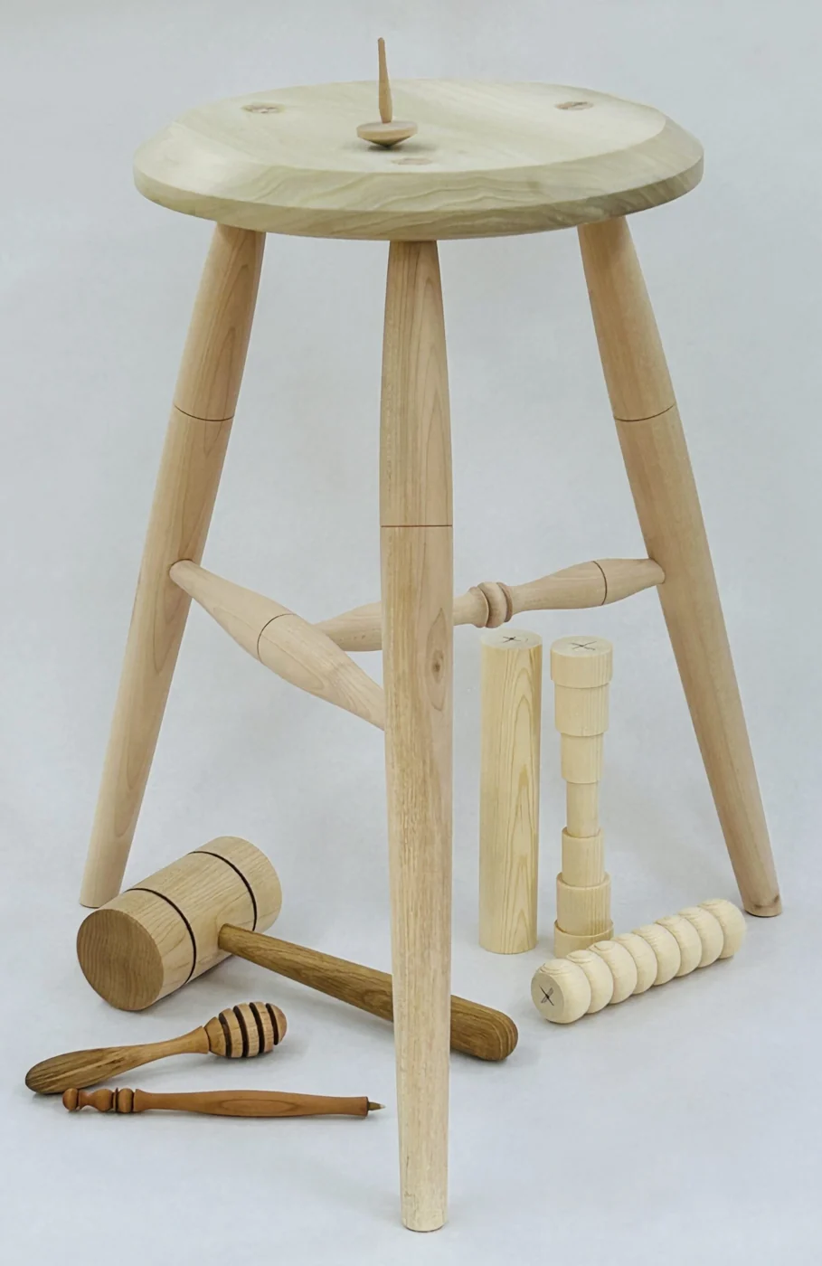5 Day Class Projects: a three-leg stool, mallet, honey dipper, pen, and spindle-turning exercises